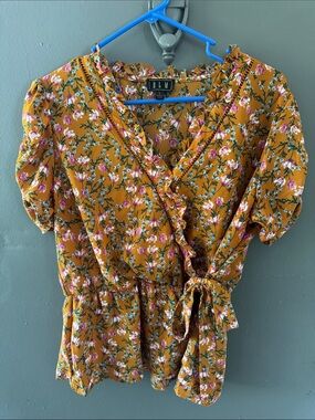 OLM Mustard Floral Wrap Peplum Top